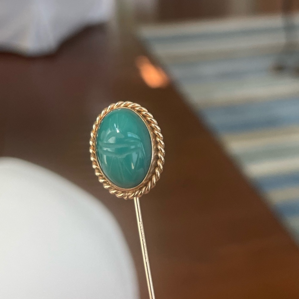 Vintage Carved Turquoise stick pin in yellow gold